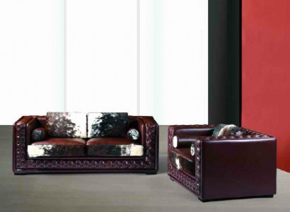 Dark red Chesterfield sofa set 3+2 seater 2-piece leather set with pony fur.